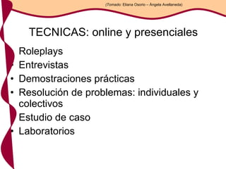 Roleplays Entrevistas Demostraciones prácticas Resolución de problemas: individuales y colectivos Estudio de caso Laboratorios TECNICAS: online y presenciales (Tomado:  Eliana Osorio – Ángela Avellaneda) 