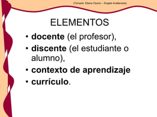 ELEMENTOS docente  (el profesor),  discente  (el estudiante o alumno),  contexto de aprendizaje  currículo . (Tomado:  Eliana Osorio – Ángela Avellaneda) 