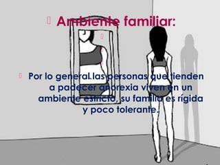    Ambiente familiar:
                    
                    
                    
   Por lo general las personas que tienden
         a padecer anorexia viven en un
      ambiente estricto, su familia es rígida
                y poco tolerante.
 