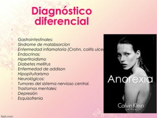 Diagnóstico
              diferencial
    
.
       Gastrointestinales:
       Síndrome de malabsorcíon
       Enfermedad inflamatoria (Crohn, colitis ulcerosa)
       Endocrinas:
       Hipertiroidismo
       Diabetes mellitus
       Enfermedad de addison
       Hipopituitarismo
       Neurológicos:
       Tumores del sistema nervioso central.
       Trastornos mentales:
       Depresión
       Esquizofrenia
 