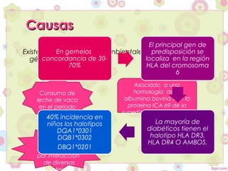 Causas
                                        El principal gen de
 Existen también factores ambientales asociados a la se
            En gemelos                   predisposición
    génesis de la DM tipo30-
        concordancia de 1             localiza en la región
                70%                    HLA del cromosoma
                                                  6
                                    Asociado a una
       Consumo de                   homología de la
      leche de vaca              albumina bovina con la
       en el periodo              proteína ICA 69 de la
         neonatal               superficie de las células B
          40% incidencia en
          niños los halotipos               La mayoría de
             DQA1*0301                   diabéticos tienen el
             DQB1*0302                    halotipo HLA DR3,
        Infecciones                      HLA DR4 O AMBOS.
             DBQ1*0201
       como rubeola
      por interacción
        de diversas
 