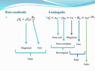 Raíz cuadrada                      Conjugado
                              




                                    Parte real   Magnitud

                                        Parte compleja     Fase
         Magnitud       Fase

                                        Rectangular

                Polar                                    Polar
                                                                  Euler
 