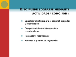 E STO   PUEDE LOGRARSE MEDIANTE
           ACTIVIDADES COMO SON                   :

   Establecer objetivos para el personal, proyectos
    y organización

   Comparar el desempeño con otras
    organizaciones

   Reconocer y recompensar

   Elaborar esquemas de sugerencias
 