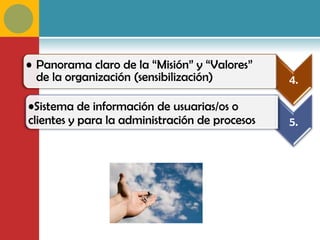 • Panorama claro de la “Misión” y “Valores”
  de la organización (sensibilización)          4.

•Sistema de información de usuarias/os o
clientes y para la administración de procesos   5.
 