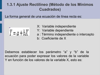 1.3.1 Ajuste Rectilíneo (Método de los Mínimos
Cuadrados)
La forma general de una ecuación de línea recta es:
X: Variable independiente
Y: Variable dependiente
a : Término independiente o intercepto
b: Coeficiente de X

Debemos establecer los parámetro “a” y “b” de la
ecuación para poder expresar los valores de la variable
Y en función de los valores de la variable X, esto es:

 