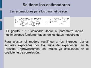 Se tiene los estimadores
Las estimaciones para los parámetros son:

El gorrito “ ^ ” colocado sobre el parámetro indica
estimaciones fundamentadas, en los datos muestrales.
Para ajustar el modelo rectilíneo a los ingresos diarios
actuales explicados por los años de experiencia, en la
“Hilacha”, aprovechamos los totales ya calculados en el
coeficiente de correlación:

 