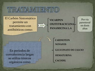 El Carbón Sintomático                        Por vía
                        VICARPEN
      permite un                           parenteral
                        OXITETRACICLINA
   tratamiento con                          en dosis
                        PANAMICINA L.A        altas
  antibióticos como:


                           CARDIOTON
                           NOVAFOS

   En períodos de          GLUCONATO DE CALCIO
convalecencia largas       HEMATURINA
  se utiliza tónicos
                           CACODIL
   orgánicos como
 