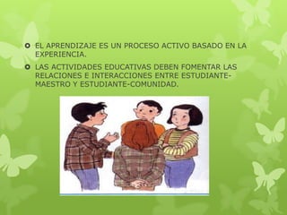  EL APRENDIZAJE ES UN PROCESO ACTIVO BASADO EN LA
EXPERIENCIA.
 LAS ACTIVIDADES EDUCATIVAS DEBEN FOMENTAR LAS
RELACIONES E INTERACCIONES ENTRE ESTUDIANTE-
MAESTRO Y ESTUDIANTE-COMUNIDAD.
 