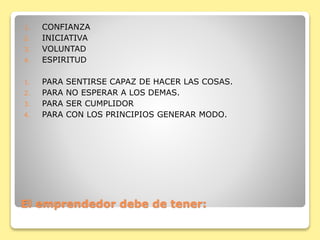El emprendedor debe de tener:
1. CONFIANZA
2. INICIATIVA
3. VOLUNTAD
4. ESPIRITUD
1. PARA SENTIRSE CAPAZ DE HACER LAS COSAS.
2. PARA NO ESPERAR A LOS DEMAS.
3. PARA SER CUMPLIDOR
4. PARA CON LOS PRINCIPIOS GENERAR MODO.
 