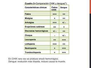 En CHIK rara vez se produce shock hemorrágico.
Dengue: evolución más tórpida, incluso causa la muerte.
 