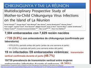 CHIKUNGUNYA Y TMI: LA RÉUNION
7,504 embarazadas con 7,629 recién nacidos
739 (9.8%) con antecedentes de chikungunya (confirmado por
laboratorio)
678 (9.0%) periodo antes del parto (antes de una semana al parto)
61 (0.8%) in periodo del parto (una semana antes del parto)
19 rn infectados /39 embarazadas virémicas: transmisión
vertical confirmada durante el parto (48.7%)
19/739 prevalencia de transmisión vertical entre mujeres
embarazadas infectadas durante el embarazo (0.25%)Multidisciplinary Prospective Study of Mother-to-Child Chikungunya Virus Infections on the Island of La Reunion:
http://www.plosmedicine.org/article/fetchObject.action?uri=info%3Adoi%2F10.1371%2Fjournal.pmed.0050060&representation=PDF
 