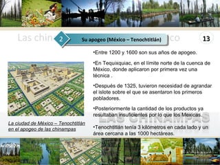 Las chinampas en el Valle de México www.themegallery.com La ciudad de México – Tenochtitlán en el apogeo de las chinampas Entre 1200 y 1600 son sus años de apogeo.  En Tequixquiac, en el límite norte de la cuenca de México, donde aplicaron por primera vez una técnica . Después de 1325, tuvieron necesidad de agrandar el islote sobre el que se asentaron los primeros pobladores. Posteriormente la cantidad de los productos ya resultaban insuficientes por lo que los Mexicas.  Tenochtitlán tenía 3 kilómetros en cada lado y un área cercana a las 1000 hectáreas. Su apogeo (México – Tenochtitlán) 2 