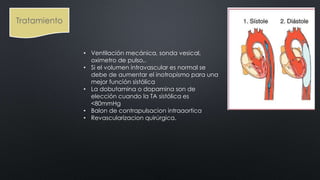 Tratamiento
• Ventilación mecánica, sonda vesical,
oximetro de pulso,.
• Si el volumen intravascular es normal se
debe de aumentar el inotropismo para una
mejor función sistólica
• La dobutamina o dopamina son de
elección cuando la TA sistólica es
<80mmHg
• Balon de contrapulsacion intraaortica
• Revascularizacion quirúrgica.
 