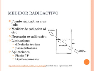 MEDIDOR RADIOACTIVO Fuente radioactiva a un lado Medidor de radiación al otro Necesaria re calibración Limitaciones dificultades técnicas y administrativas Aplicaciones: Fluidos   Tª Líquidos corrosivos http://cmbcontrol.com/pdf/mjk_medidor_nivel_shuttle.pdf .  Consultado el 2 de  Septiembre del 2010. 