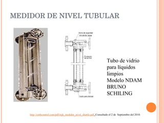 MEDIDOR DE NIVEL TUBULAR Tubo de vidrio para líquidos limpios Modelo NDAM BRUNO SCHILING http://cmbcontrol.com/pdf/mjk_medidor_nivel_shuttle.pdf .  Consultado el 2 de  Septiembre del 2010. 