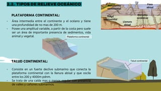 PLATAFORMA CONTINENTAL:
2.2. TIPOS DE RELIEVE OCEÁNICO
• Área intermedia entre el continente y el océano y tiene
una profundidad de no mas de 200 m.
• Posee una amplitud variable, a partir de la costa pero suele
ser un área de importante presencia de sedimentos, vida
animal y vegetal.
TALUD CONTINENTAL:
• Consiste en un fuerte declive submarino que conecta la
plataforma continental con la llanura abisal y que oscila
entre los 200 y 4000m pdnm.
• Se trata de una caída mas o menos regular con presencia
de valles y cañones submarinos.
Talud continental
Plataforma continental
 