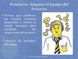 Gestión de Recursos Humanos
Proceso #2: Adquirir el Equipo del
Proyecto
Proceso para confirmar
los recursos humanos
disponibles y formar el
equipo necesario para
completar las
asignaciones del proyecto
Selección de miembros
del equipo
 