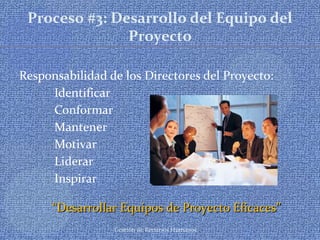 Gestión de Recursos Humanos
Proceso #3: Desarrollo del Equipo del
Proyecto
Responsabilidad de los Directores del Proyecto:
• Identificar
• Conformar
• Mantener
• Motivar
• Liderar
• Inspirar
““Desarrollar Equipos de Proyecto Eficaces”Desarrollar Equipos de Proyecto Eficaces”
 
