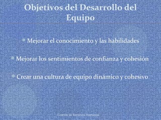 Gestión de Recursos Humanos
Objetivos del Desarrollo del
Equipo
Mejorar el conocimiento y las habilidades
Mejorar los sentimientos de confianza y cohesión
Crear una cultura de equipo dinámico y cohesivo
 