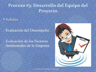 Gestión de Recursos Humanos
Proceso #3: Desarrollo del Equipo del
Proyecto
SalidasSalidas
1. Evaluación del Desempeño
2. Evaluación de los Factores
Ambientales de la Empresa
 