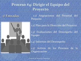 Gestión de Recursos Humanos
Proceso #4: Dirigir el Equipo del
Proyecto
1) Entradas1) Entradas 1.1) Asignaciones del Personal del
Proyecto
1.2) Plan para la Dirección del Proyecto
1.3) Evaluaciones del Desempeño del
Equipo
1.4) Informes del Desempeño
1.5) Activos de los Procesos de la
Organización
 
