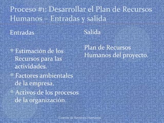 Gestión de Recursos Humanos
Proceso #1: Desarrollar el Plan de Recursos
Humanos – Entradas y salida
Entradas
Estimación de los
Recursos para las
actividades.
Factores ambientales
de la empresa.
Activos de los procesos
de la organización.
Salida
Plan de Recursos
Humanos del proyecto.
 