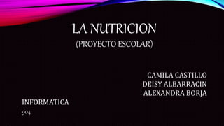 LA NUTRICION
(PROYECTO ESCOLAR)
CAMILA CASTILLO
DEISY ALBARRACIN
ALEXANDRA BORJA
INFORMATICA
904
 