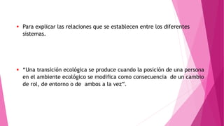  Para explicar las relaciones que se establecen entre los diferentes
sistemas.
 “Una transición ecológica se produce cuando la posición de una persona
en el ambiente ecológico se modifica como consecuencia de un cambio
de rol, de entorno o de ambos a la vez”.
 
