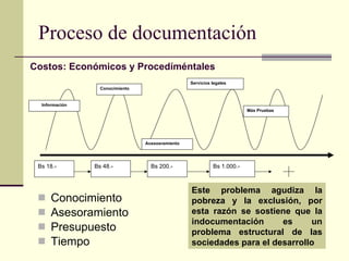 Proceso de documentación Conocimiento  Asesoramiento Presupuesto Tiempo Este problema agudiza la pobreza y la exclusión, por esta razón se sostiene que la indocumentación es un problema estructural de las sociedades para el desarrollo Costos: Económicos y Procedíméntales Bs 18.- Información Servicios legales Más Pruebas Acesosramiento Conocimiento Bs 48.- Bs 200.- Bs 1.000.- 