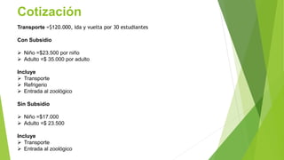 Cotización
Transporte =$120.000, Ida y vuelta por 30 estudiantes
Con Subsidio
 Niño =$23.500 por niño
 Adulto =$ 35.000 por adulto
Incluye
 Transporte
 Refrigerio
 Entrada al zoológico
Sin Subsidio
 Niño =$17.000
 Adulto =$ 23.500
Incluye
 Transporte
 Entrada al zoológico
 