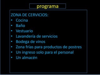 programa
ZONA DE CERVICIOS:
• Cocina
• Baño
• Vestuario
• Lavandería de servicios
• Bodega de vinos
• Zona frías para productos de postres
• Un ingreso solo para el personal
• Un almacén
 