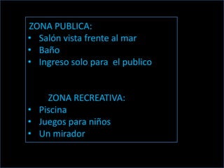 ZONA PUBLICA:
• Salón vista frente al mar
• Baño
• Ingreso solo para el publico


    ZONA RECREATIVA:
• Piscina
• Juegos para niños
• Un mirador
 