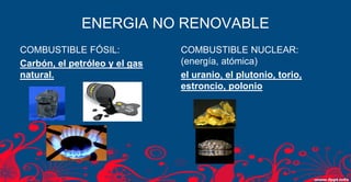 ENERGIA NO RENOVABLE 
COMBUSTIBLE FÓSIL: Carbón, el petróleo y el gas natural. 
COMBUSTIBLE NUCLEAR: (energía, atómica) el uranio, el plutonio, torio, estroncio, polonio  