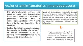 Acciones antiinflamatorias inmunodepresoras
• Los glucocorticoides ejercen una
poderosa acción antiinflamatoria,sea
cual fuere la causa de la inflamación
(infecciosa, química, física o
inmunológica), pudiendo inhibir tanto
las manifestaciones inmediatas de la
inflamación.
• Inhiben la dilatación vascular, reducen
la transudación líquida y la formación
de edema, disminuyen el exudado
celular y reducen el depósito de fibrina
alrededor del área inflamada.
Varios son los mecanismos responsables de estas
acciones. Los glucocorticoides inhiben el acceso de
los leucocitos al foco inflamatorio, interfieren en la
función de los fibroblastos y de las células
endoteliales y suprimen la producción o los efectos
de numerosos mediadores químicos de la
inflamación.
En general se afecta más la llegada de
leucocitos al foco que su función y se
afecta más la inmunidad celular que la
humoral. La acción es múltiple por cuanto
afecta a muy diversos tipos de leucocitos.
 