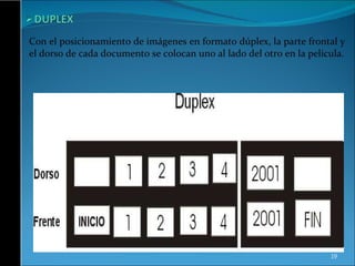 Con el posicionamiento de imágenes en formato dúplex, la parte frontal y el dorso de cada documento se colocan uno al lado del otro en la película. 