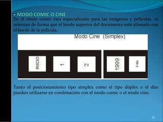 En el modo comic esta especializado para las imágenes y películas, se orientan de forma que el borde superior del documento esté alineado con el borde de la película. Tanto el posicionamiento tipo simplex como el tipo dúplex o el dúo pueden utilizarse en combinación con el modo comic o el modo cine. 