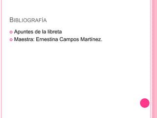 BIBLIOGRAFÍA 
 Apuntes de la libreta 
 Maestra: Ernestina Campos Martínez. 
