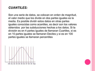CUANTILES: 
Son una serie de datos, se colocan en orden de magnitud, 
el valor medio que los divide en dos partes iguales es la 
media. Es posible dividir estos datos en otras partes 
iguales conocidas como acantiles, es decir son los valores 
obtenidos por las subducciones hechas a los datos. Si la 
división es en 4 partes iguales de llamaran Cuartiles, si es 
en 10 partes iguales se llamaran Deciles y si es en 100 
partes iguales se llamaran percentiles 
 