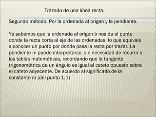 Trazado de una línea recta. Segundo método. Por la ordenada al origen y la pendiente. Ya sabemos que la ordenada al origen b nos da el punto donde la recta corta al eje de las ordenadas, lo que equivale a conocer un punto por donde pasa la recta por trazar. La pendiente m puede interpretarse, sin necesidad de recurrir a las tablas matemáticas, recordando que la tangente trigonométrica de un ángulo es igual al cateto opuesto sobre el cateto adyacente. De acuerdo al significado de la constante m (del punto 1.1) 