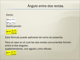 Como: Sustituyendo: Esta fórmula puede aplicarse tal como se presenta. Para el caso en el cual las dos rectas concurrentes formen entre sí dos ángulos suplementarios, uno agudo y otro obtuso,  Ángulo entre dos rectas. 