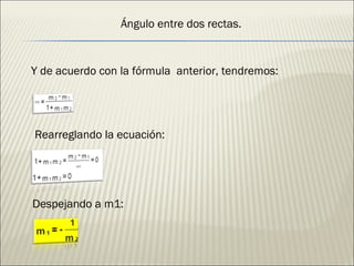 Y de acuerdo con la fórmula  anterior, tendremos: Ángulo entre dos rectas. Rearreglando la ecuación: Despejando a m1: 