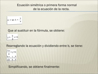 Que al sustituir en la fórmula, se obtiene: Rearreglando la ecuación y dividiendo entre b, se tiene: Simplificando, se obtiene finalmente: Ecuación simétrica o primera forma normal  de la ecuación de la recta. 