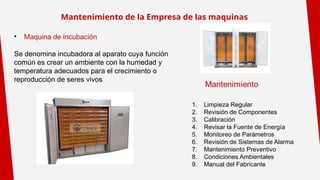 Mantenimiento de la Empresa de las maquinas
• Maquina de incubación
Se denomina incubadora al aparato cuya función
común es crear un ambiente con la humedad y
temperatura adecuados para el crecimiento o
reproducción de seres vivos
1. Limpieza Regular
2. Revisión de Componentes
3. Calibración
4. Revisar la Fuente de Energía
5. Monitoreo de Parámetros
6. Revisión de Sistemas de Alarma
7. Mantenimiento Preventivo
8. Condiciones Ambientales
9. Manual del Fabricante
 