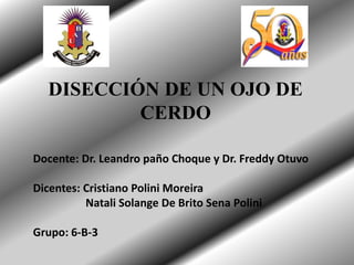 DISECCIÓN DE UN OJO DE
CERDO
Docente: Dr. Leandro paño Choque y Dr. Freddy Otuvo
Dicentes: Cristiano Polini Moreira
Natali Solange De Brito Sena Polini
Grupo: 6-B-3
 