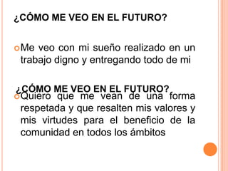 ¿CÓMO ME VEO EN EL FUTURO?
Me veo con mi sueño realizado en un
trabajo digno y entregando todo de mi
Quiero que me vean de una forma
respetada y que resalten mis valores y
mis virtudes para el beneficio de la
comunidad en todos los ámbitos
¿CÓMO ME VEO EN EL FUTURO?
 
