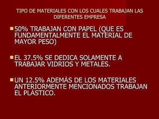 TIPO DE MATERIALES CON LOS CUALES TRABAJAN LAS DIFERENTES EMPRESA 50% TRABAJAN CON PAPEL (QUE ES FUNDAMENTALMENTE EL MATERIAL DE MAYOR PESO) EL 37.5% SE DEDICA SOLAMENTE A TRABAJAR VIDRIOS Y METALES. UN 12.5% ADEM Á S DE LOS MATERIALES ANTERIORMENTE MENCIONADOS TRABAJAN EL PL Á STICO. 