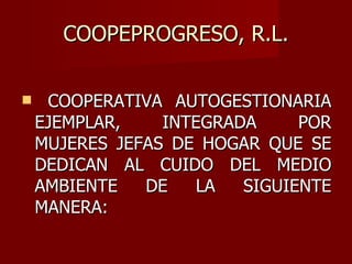 COOPEPROGRESO, R.L. COOPERATIVA AUTOGESTIONARIA EJEMPLAR, INTEGRADA POR MUJERES JEFAS DE HOGAR QUE SE DEDICAN AL CUIDO DEL MEDIO AMBIENTE DE LA SIGUIENTE MANERA: 