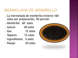  La mermelada de membrillo invierto 160
soles por preparación, 50 porción
 Membrillo 60 soles
 Azúcar 40 soles
 Gas 12 soles
 Tapares 12 soles
 Ingredientes 5 soles
 Pasaje 20 soles
 