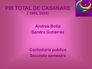 PIB TOTAL DE CASANARE ( 1994, 2004) Andrea Botia Sandra Gutiérrez Contaduría publica  Secundo semestre 