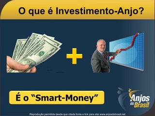 Reprodução permitida desde que citada fonte e link para site www.anjosdobrasil.net
O que é Investimento-Anjo?
É o “Smart-Money”
 